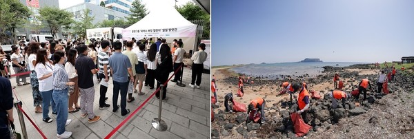[중앙그룹의 '라이스 버킷 챌린지'(左), 해양 환경보호 캠페인 ‘바다쓰담'(右)]